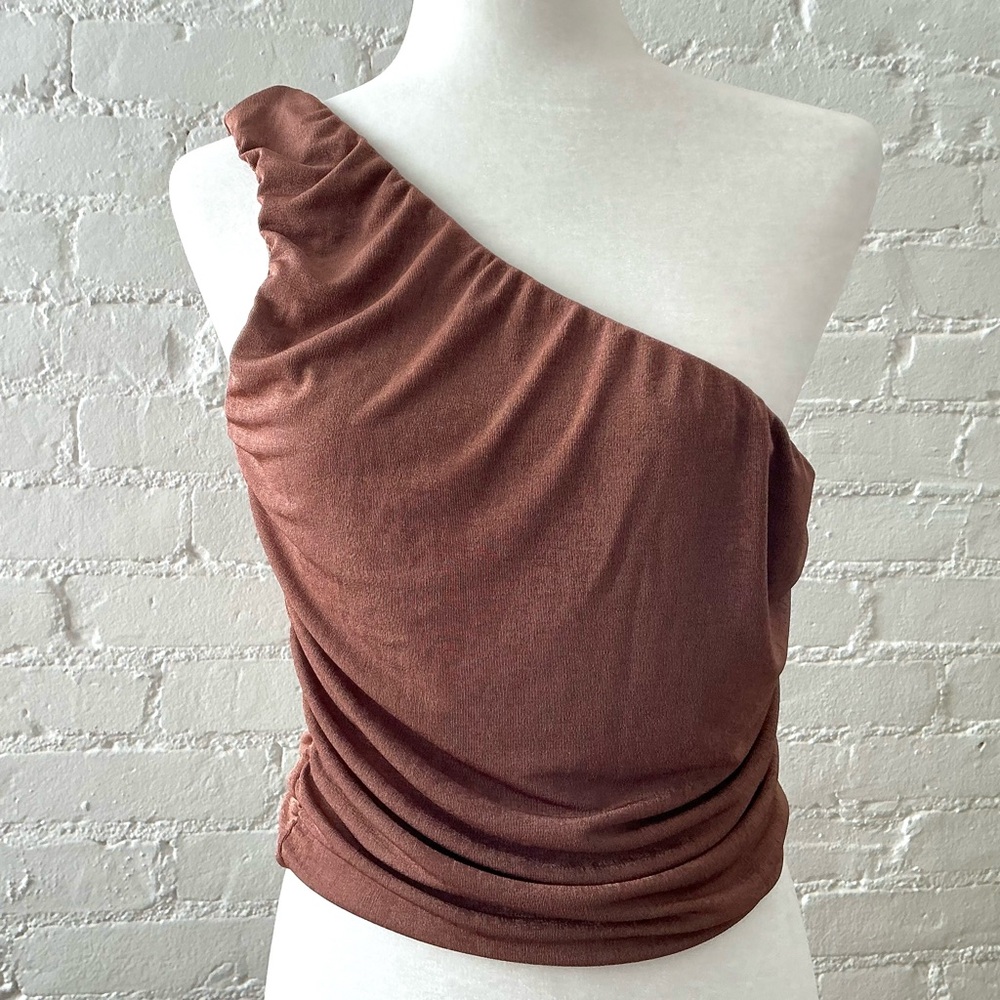 Womens Y2K Ruched One Shoulder Top Rave Festival Slinky Slinky Rust Brown Size L